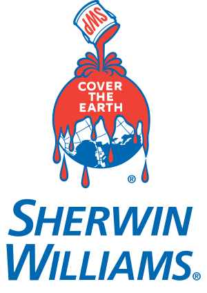 Cartoon of a paint can covering the globe in red paint with 'Cover The Earth' written on top of the paint. Sherwin Williams ad. 